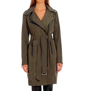 AVEC LES FILLES Moto Trench Raincoat in Olive